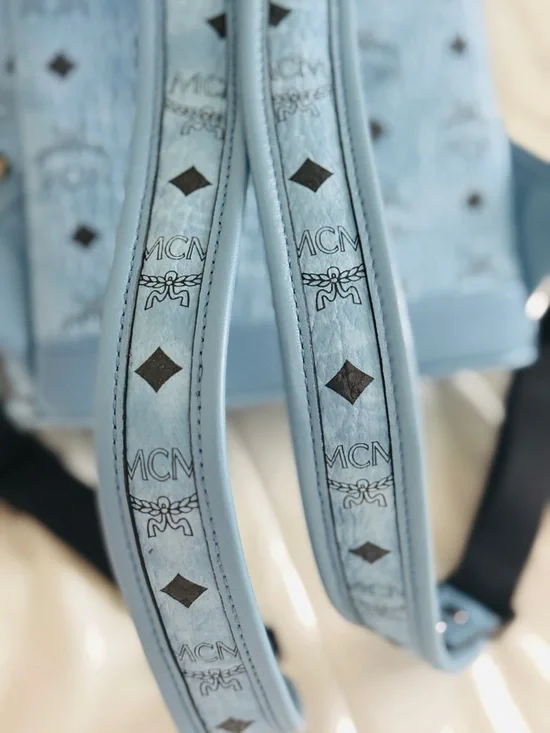 Authentic MCM Stark Mini Backpack Blue Visetos Studded 8x10x4 clean + Dust Bag - Picture 10 of 16